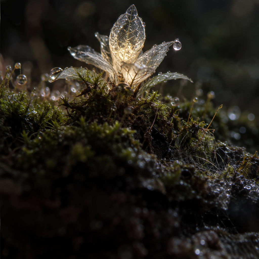 苔藓间半透明晶体植物的微距画面
