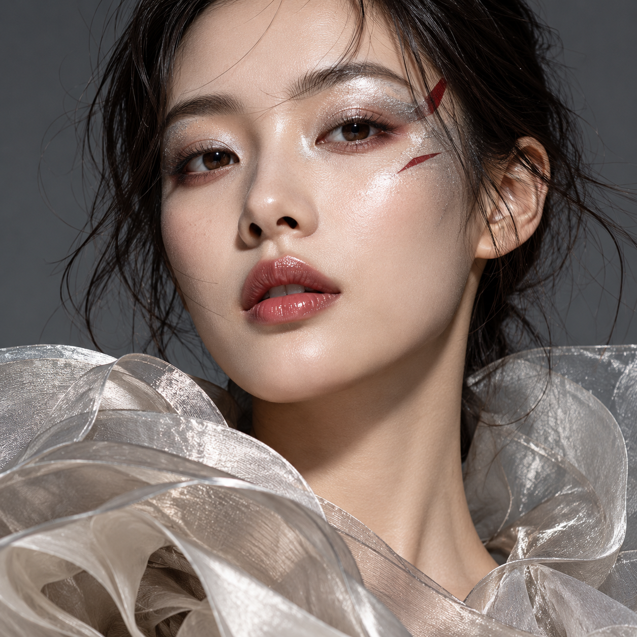 亚洲女性面部的先锋美妆与皮肤质感特写
