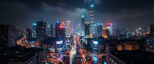 上海陆家嘴夜景航拍与车流光轨
