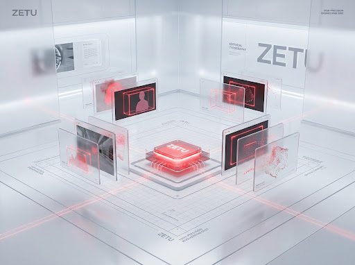Clean 3D spatial visualization of AI data pipeline stage with floating bounding box cards and red core node